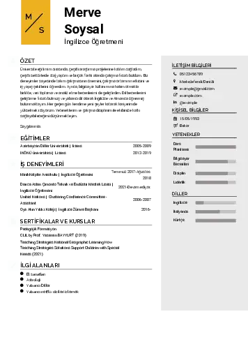 Yabancı Dil Öğretmeni Cv Örnekleri cv indir
